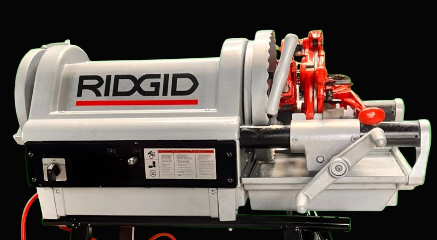 Complete RIDGID 1224 setup capable of threading pipe from 1/4" through 4", including the 714 die head and 2-1/2"–4" dies for large-diameter work.”